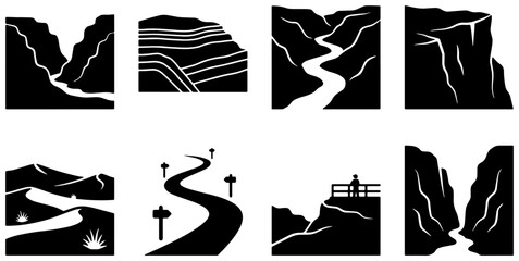 Set of 8 Black Silhouette Canyon and Desert Landscape Icons, Vector Graphics for Nature and Travel Themes © Zubaraj