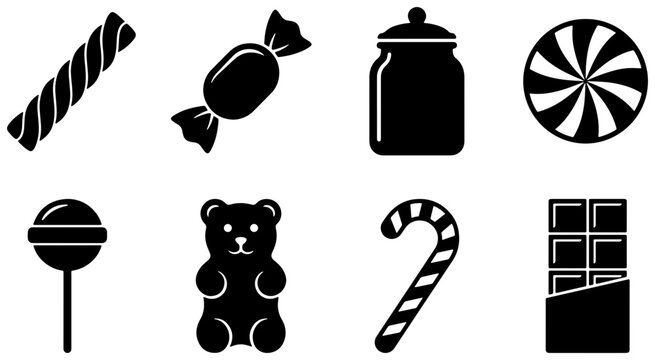 Sweet Treats Icons Set: Candy, Chocolate Bar, Gummy Bear, Lollipop, Swirl Candy, Jar, Twizzler, Candy Cane | Vector Graphics for Confectionery and Dessert Themes