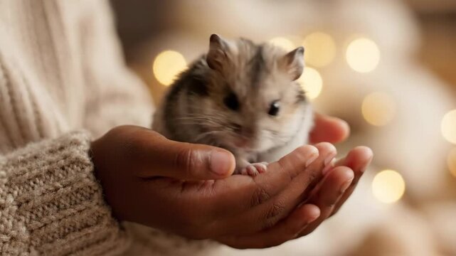 Adorable dwarf hamster gently held in cupped hands, cozy warm bokeh background.