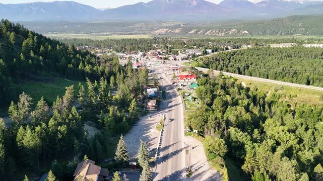 Panoramic drone shot of Radium Hot Springs and Columbia