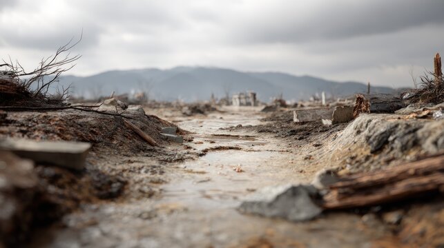 Wasteland aftermath landscape with damaged architecture and natural disaster