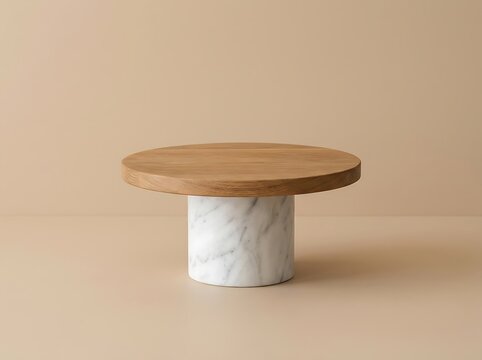 Round wooden cake stand with marble base on beige background