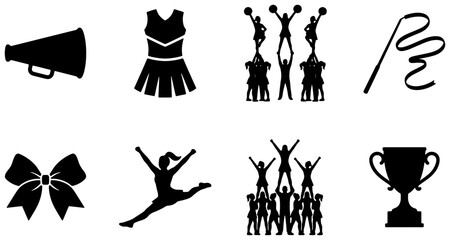 Fototapeta premium Cheerleading Icons Set, Silhouette Vector Graphics: Megaphone, Uniform, Pyramids, Ribbon, Bow, Dancer, Trophy for Sports and Performance Design