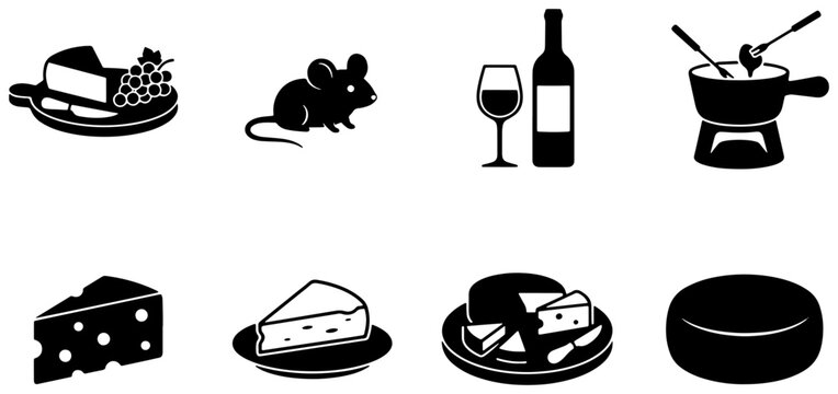 Cheese and Wine Icons Set: Fondue, Mouse, Grapes, and Cheese Platters, Vector Graphics for Food and Beverage Concepts