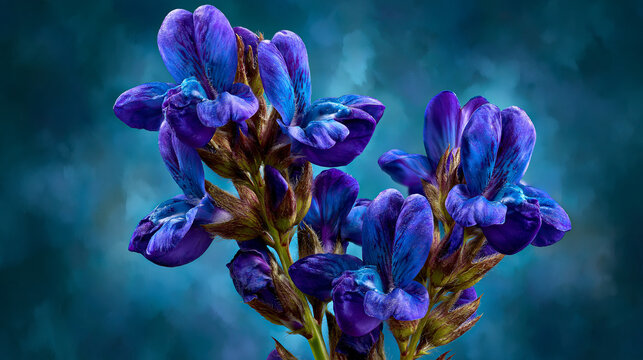 Close-up of blue monkshood flowers on dark background with botanical gardening close-up