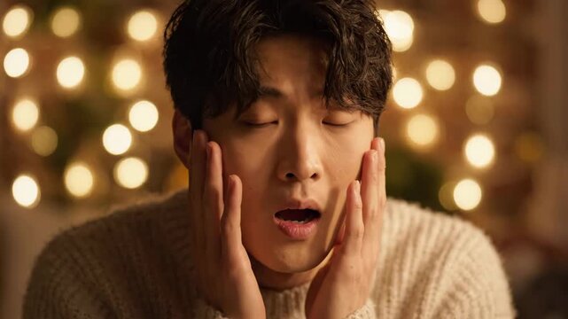 Young Asian man with a shocked expression, hands on face, against festive bokeh lights.