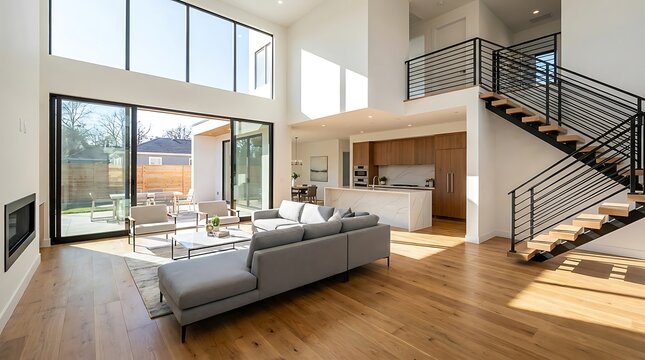 Bright, modern luxury home interior concept with expansive open-plan living, high ceilings, large windows, and elegant hardwood floors