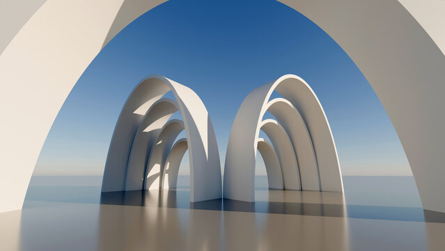 3D abstract modern white parabolic arch pavilion structure background. Ideal for tech presentations, corporate website headers, futuristic architectural concepts, digital art, and branding banners