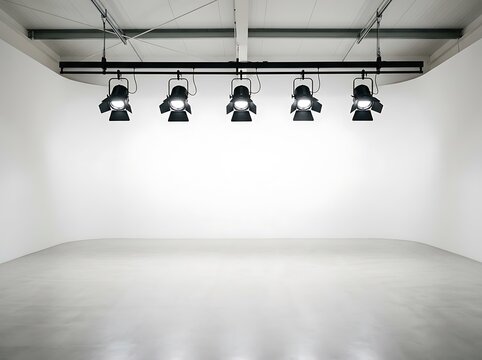 Five professional studio spotlights hanging from ceiling