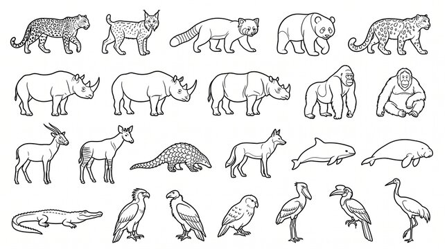 Minimalist animal line art icons, set of 23 wildlife species illustrations, black and white zoo animal silhouettes for educational coloring and design