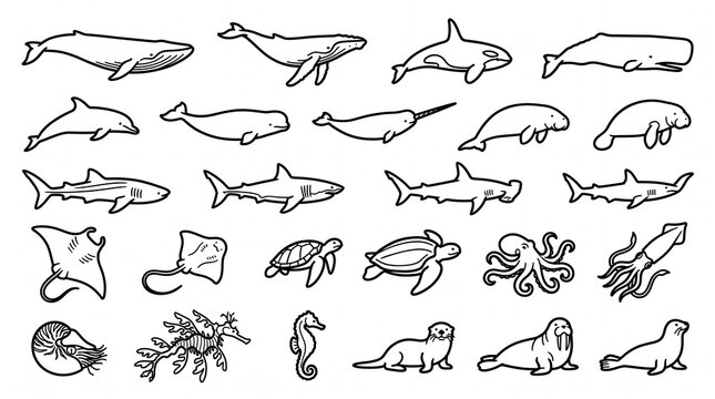 Minimalist sea life line art collection, 28 black and white marine animal icons, hand drawn aquatic creature sketches for educational coloring