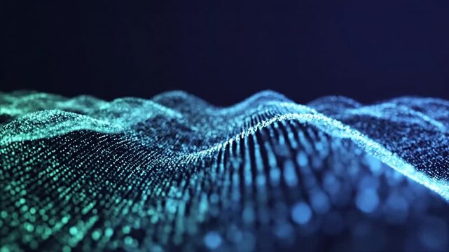 Abstract digital wave formed by glowing particles on dark background