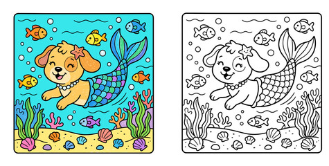 Cute Merdog Coloring Page and Colored Template with Dog Mermaid, Underwater Fish, Coral, and Shells Vector Illustration for Kids Activity Book