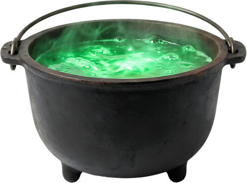 Spooky Halloween cast iron witch cauldron pot with glowing magical green bubbling potion isolated on a white background for festive decor
