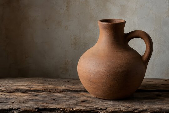 Terracotta jug on rustic wooden surface
