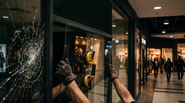 Worker hands installing new glass pane with suction lifter tool next to shattered storefront window in a mall.