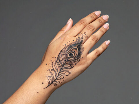 Celestial Peacock Feather Tattoo on Female Hand