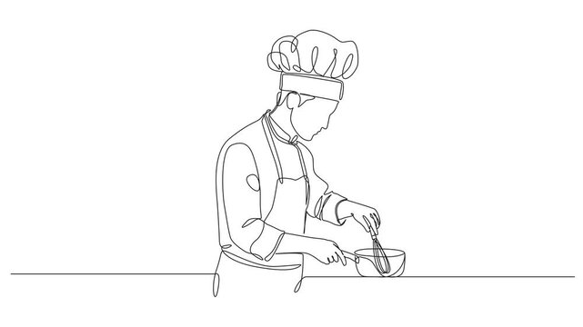 animated continuous line drawing of a male chef with traditional toque hat and apron whisking ingredients in a pan or bowl, animated line art illustration