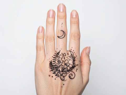 Elegant Crescent Moon and Jasmine Hand Tattoo
