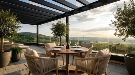 Fototapeta premium Elegant outdoor dining terrace overlooking vineyards and a serene valley at sunset, with modern furniture and olive trees, perfect for a luxurious al fresco experience