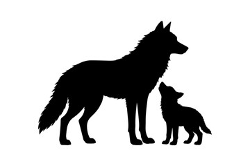 Black silhouette of an adult wolf with a wolf pup. Perfect for wildlife, family protection, loyalty, forest, conservation, nature, and animal illustration projects.