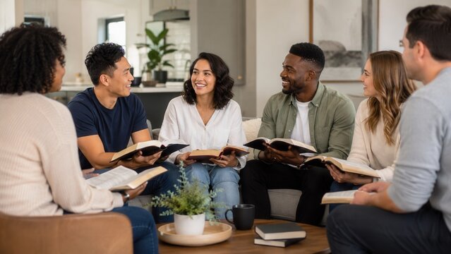 Diverse Christian Bible study group sharing faith and fellowship during home gathering with open Holy Scriptures