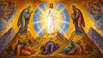 Obraz premium Byzantine icon of the Transfiguration of Jesus Christ on Mount Tabor with prophets apostles and angels