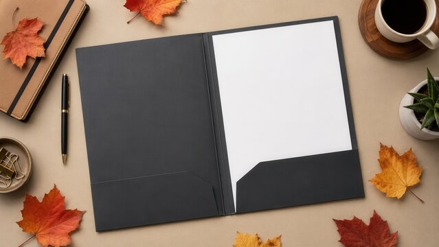 Autumn presentation folder mockup with blank document on elegant desk workspace and seasonal office supplies