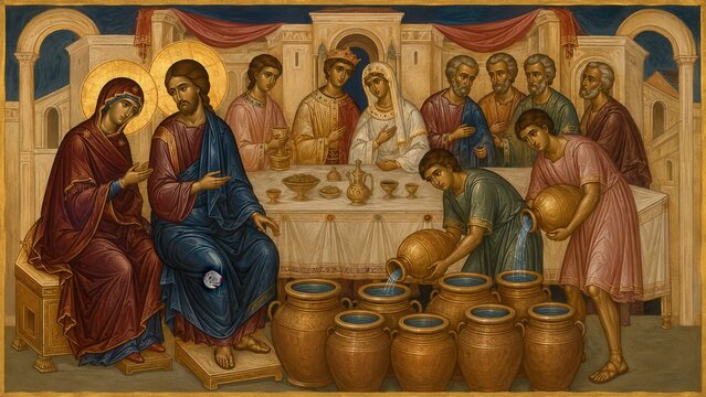 Byzantine icon of the Wedding at Cana with Jesus Christ Virgin Mary disciples and miracle of water into wine