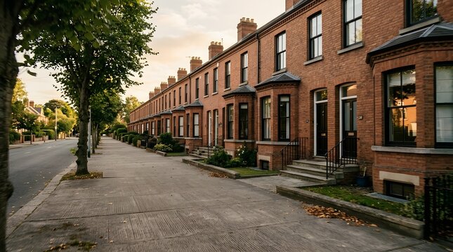Terraced red brick houses line a quiet urban street under warm golden hour light with green trees and sidewalk