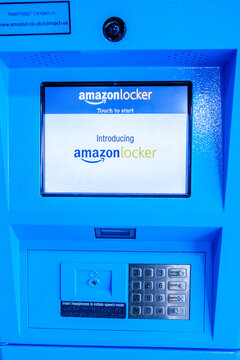 Close Up Of A Secure Blue Amazon Hub Locker For Package Pick-Up