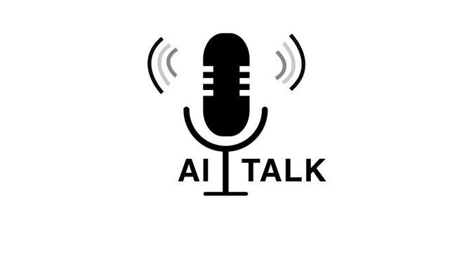 Simple black microphone icon with sound waves and the words ai talk on a clean white background, showing podcast, voice assistant, audio chat, speech technology, and modern communication.
