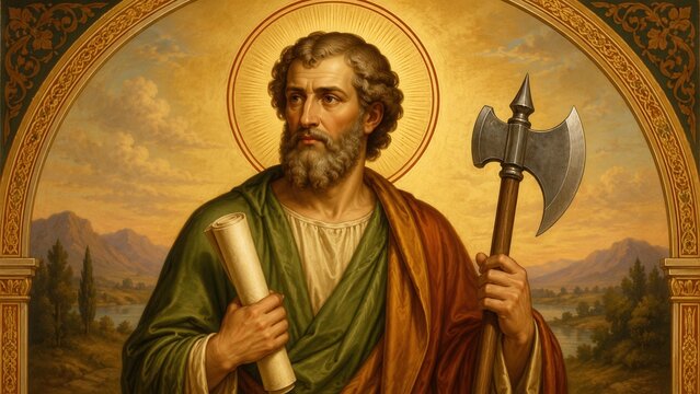 Byzantine icon of Saint Jude Thaddeus holding a scroll and axe on radiant golden background with halo