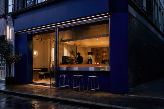 Modern dark blue cafe exterior illuminated at night