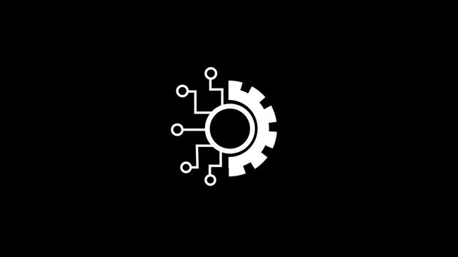 White gear and circuit icon on a black background, showing technology, digital systems, automation, engineering, and modern innovation in a simple minimal style.