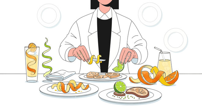 Chef garnishing food with citrus peels and lime, healthy lifestyle