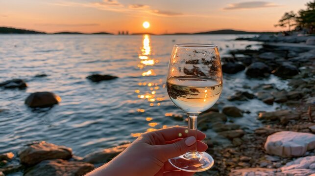 Hand holding glass of white wine against a scenic coastal sunset.