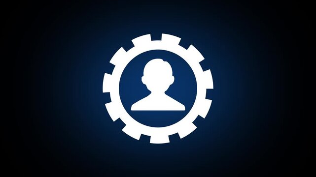 White user profile icon inside a gear on a dark blue glowing background, showing account settings, management, technology, support, and professional digital services.