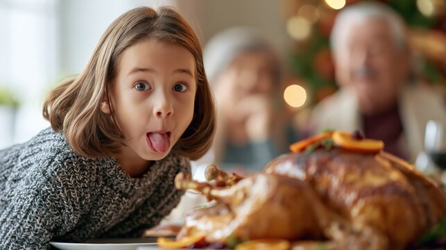 Excited Child Reacting to Golden Roast Turkey at Warm Family Thanksgiving Dinner with Grandparents in Soft Focus Background