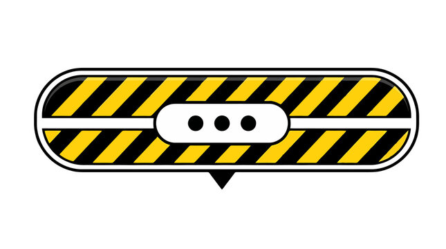 Caution hazard stripe rounded label with speech bubble pointer, warning sign PNG