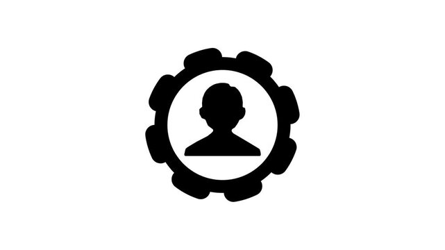 Black user profile icon inside a gear symbol on a white background, showing account settings, admin tools, profile management, support, and system control in a simple flat design.