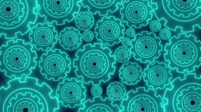 Glowing blue gears fill the frame in a seamless digital pattern, showing teamwork, engineering, technology, motion, and connected systems on a dark background.
