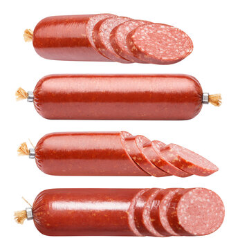 Set of smoked salami with sliced pieces, isolated on transparent cutout background