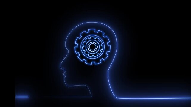 Glowing blue outline of a human head with gears inside on a dark background, symbolizing thinking, ideas, problem solving, technology, and mental process.