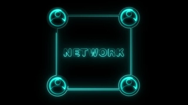Glowing neon network concept with four user icons linked in a square around the word network on a black background, showing connection, communication, teamwork and digital community.