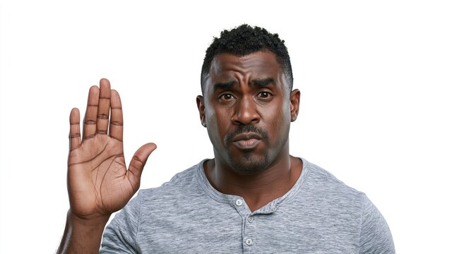 Man raises his hand to convey a message of stopping or questioning.