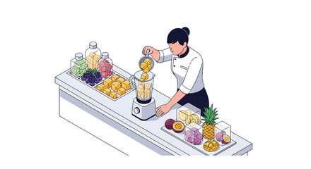 Fototapeta premium Chef preparing fresh fruit juice in blender, healthy lifestyle, isometric illustration