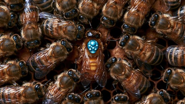 Central bee exhibits a glowing blue marking amidst a cluster of its colony.