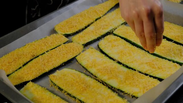 Hands arrange green zucchini strips in a metal baking pan lined with parchment paper, covered with breadcrumbs or cheese topping, in a kitchen at Cooking.