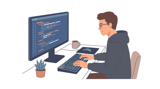 Programmer Typing Code on Computer, Coding Workspace, Software Development